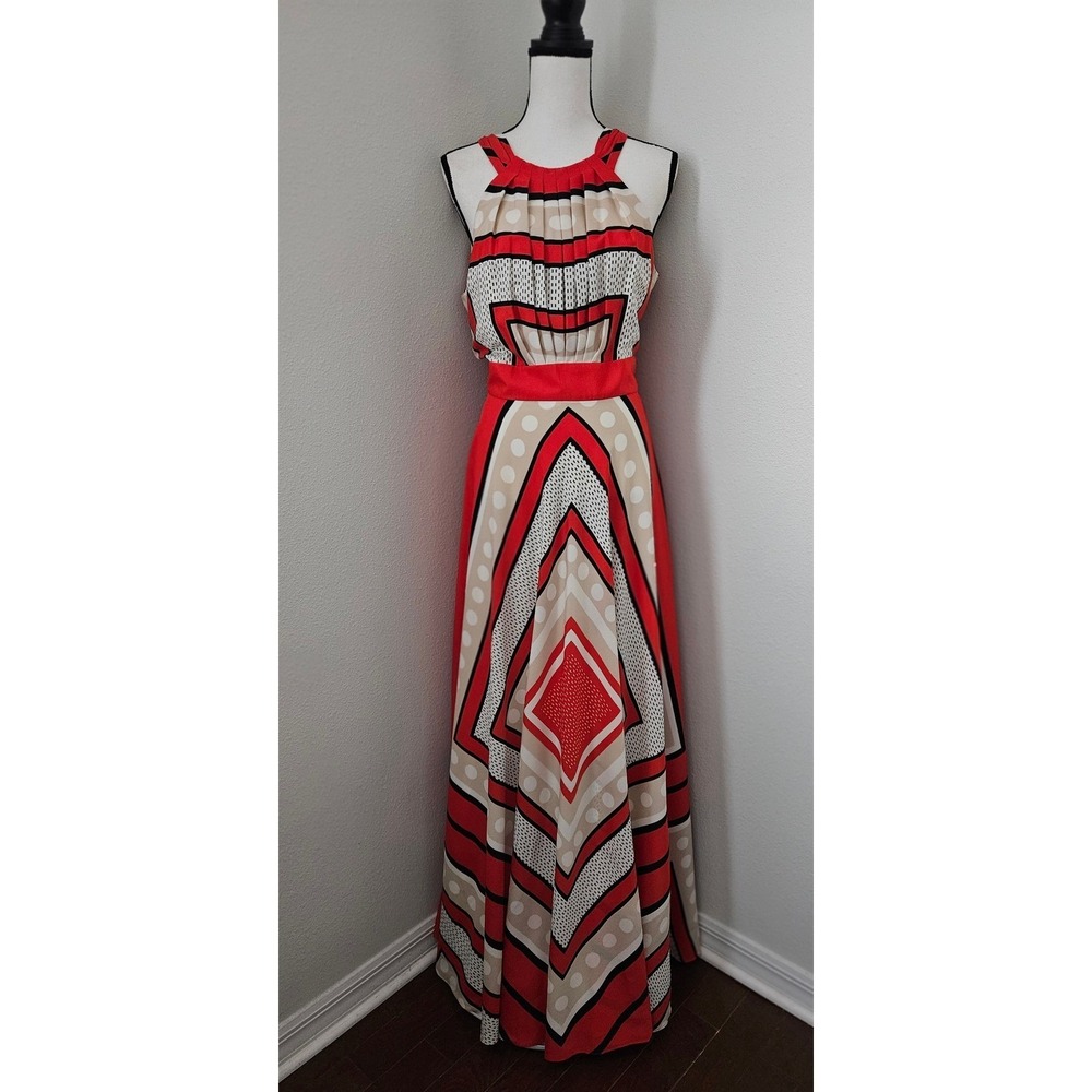 Eliza J Scarf Geometric Print Maxi Halter Dress sz 12 Statement Boho Chic - Picture 3 of 13